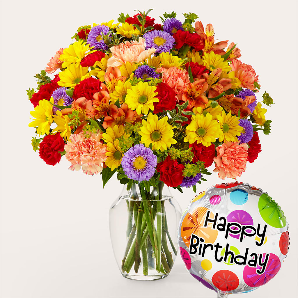 Kaleidoscope Bouquet with Birthday Balloon – The Owls Nest Florist, Clover SC