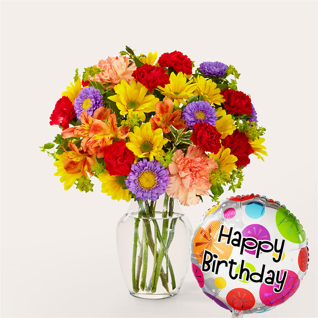 Kaleidoscope Bouquet with Birthday Balloon – The Owls Nest Florist, Clover SC