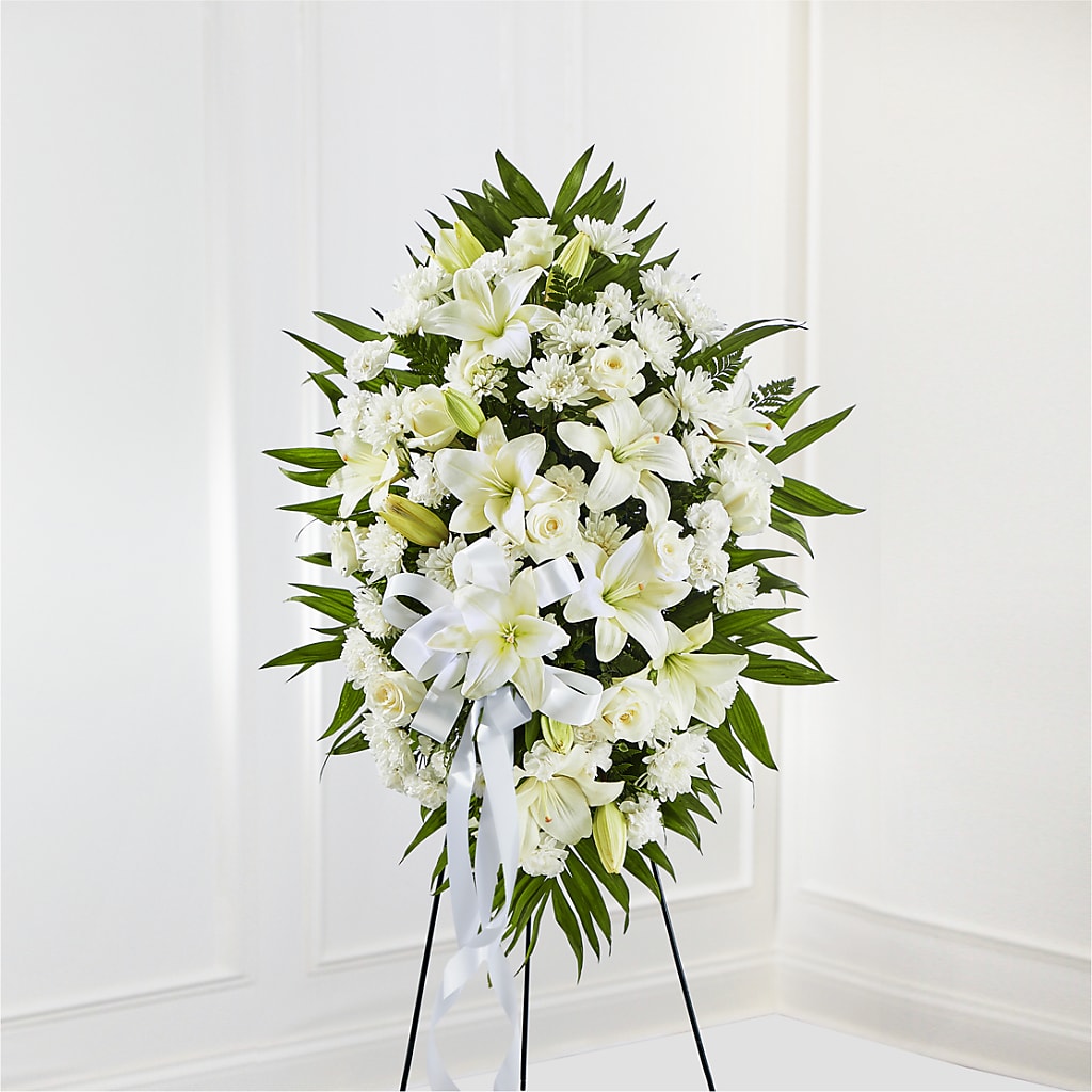 Exquisite Tribute Standing Spray-White Ribbon – The Owls Nest Florist, Clover SC