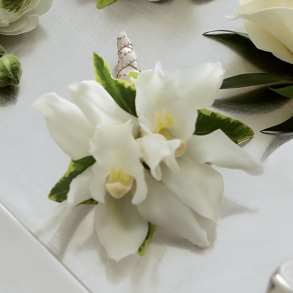 White Mini Cymbidium Boutonniere – The Owls Nest Florist, Clover SC