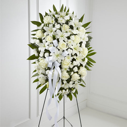 Exquisite Tribute Standing Spray-White Ribbon –  The Owls Nest Florist, Clover SC